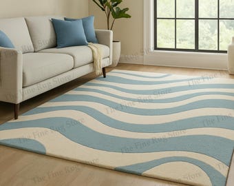 Alfombra de lana Blue Ocean Wave – Alfombra moderna tejida a mano