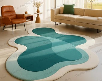 Alfombra moderna ondulada abstracta tejida a mano, color azul aguamarina y crema con forma de mancha, decoración de lujo estilo boho para sala de estar, dormitorio o salón.