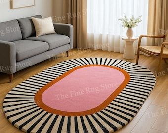 Hand-Tufted Wool Oval Rug – Pink, Black & White Striped, Modern Geometric