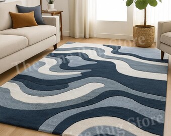Alfombra moderna abstracta ondulada hecha a mano: alfombra suave de color azul marino y blanco, con diseño fluido para la decoración de lujo de la sala de estar o el dormitorio.