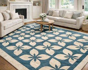 Alfombra moderna tejida a mano en azul verdoso y blanco con forma de flor / Alfombra de lana de lujo con diseño floral geométrico / Decoración contemporánea para sala de estar