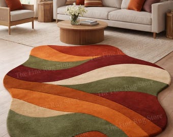 Handcrafted Terracotta Wave Rug, Modern Abstract Hand-Tufted Area Rug, Wavy Retro Mid Century Style in Burnt Orange, Olive Green & Cream Rug