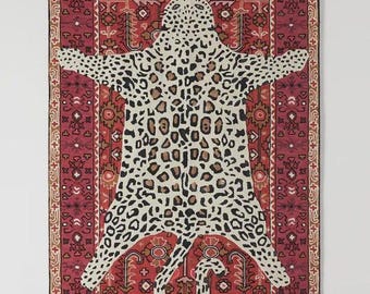 Handmade Leopard Red Wool Area Rug, Modern Tufted Design