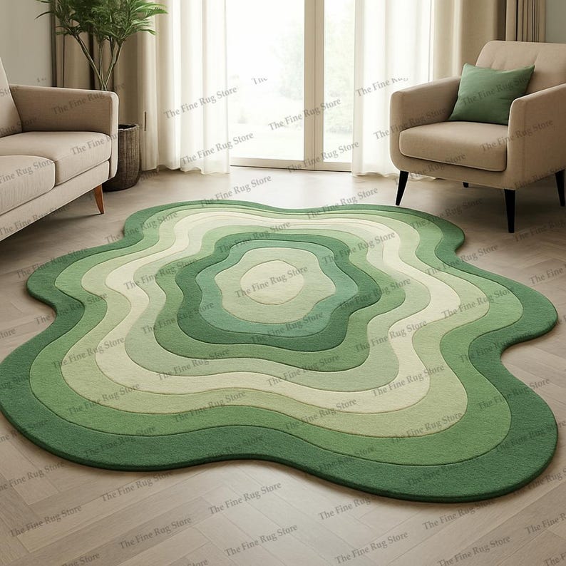 Puede incluir: Una alfombra verde de forma abstracta con un dise&ntilde;o en capas. La alfombra presenta l&iacute;neas conc&eacute;ntricas y onduladas en diferentes tonos de verde, creando un patr&oacute;n &uacute;nico y org&aacute;nico. Esta cubierta de suelo decorativa a&ntilde;ade un toque moderno.