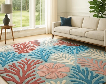 Alfombra de arrecife de coral costera tejida a mano / Alfombra de lana azul y coral inspirada en el océano / Decoración bohemia con estampado floral marino para sala de estar o dormitorio