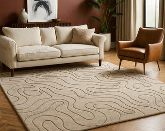 Abstract Beige Area Rug - Modern Wavy Line Pattern - Living Room Rug