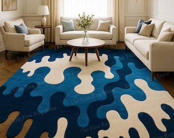Alfombra moderna abstracta hecha a mano con efecto fundido / Alfombra de lana ondulada azul y blanca / Decoración contemporánea con diseño fluido para sala de estar y dormitorio