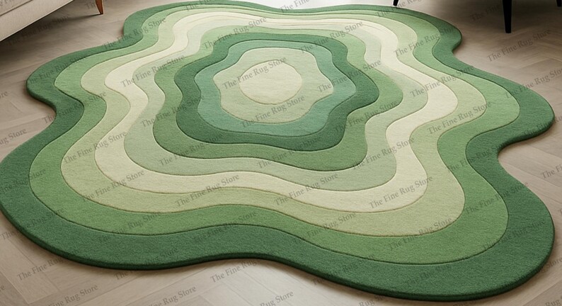 Puede incluir: Una alfombra verde con bordes ondulados y un dise&ntilde;o en capas. La alfombra presenta formas conc&eacute;ntricas y org&aacute;nicas en diferentes tonos de verde y blanco roto, creando un revestimiento de suelo texturizado. The Fine Rug Store est&aacute; impreso en la alfombra.