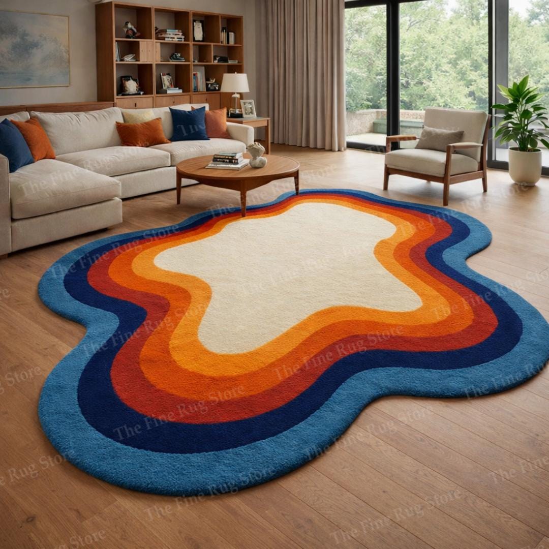 Hand Tufted Abstract Wavy Area Rug, Modern Colorful Retro Wave Wool ...