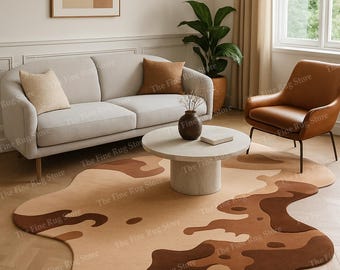 Alfombra abstracta con forma de mancha, tejida a mano, de lana ondulada en tonos tierra e irregular, ideal para la decoración de salas de estar, dormitorios y oficinas de estilo bohemio.