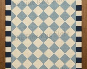 Alfombra de área a cuadros azules hecha a mano / Alfombra geométrica de lana tejida a mano con borde a rayas, decoración bohemia para sala de estar y dormitorio.