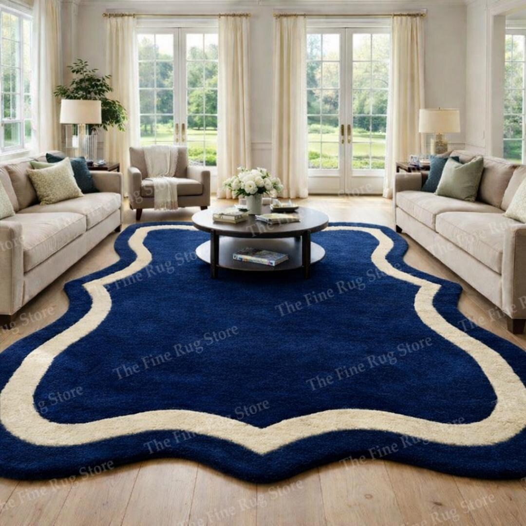 Navy Blue Hand Tufted Scalloped Wool Area Rug, Modern Wavy Border Rug ...