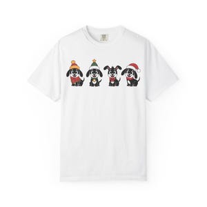 Christmas Dogs Cartoon Unisex Garment-Dyed T-shirt, Festive Holiday Pets Tee, Black Dog Lover Gift, Santa Hat Present Dog Shirt, Red Green