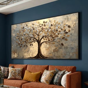 Elegant Metallic Tree Canvas Wall Art, Gold and Silver Leaf Decor, Nature Painting, Modern Abstract Tree Canvas, Ready to Hang Home