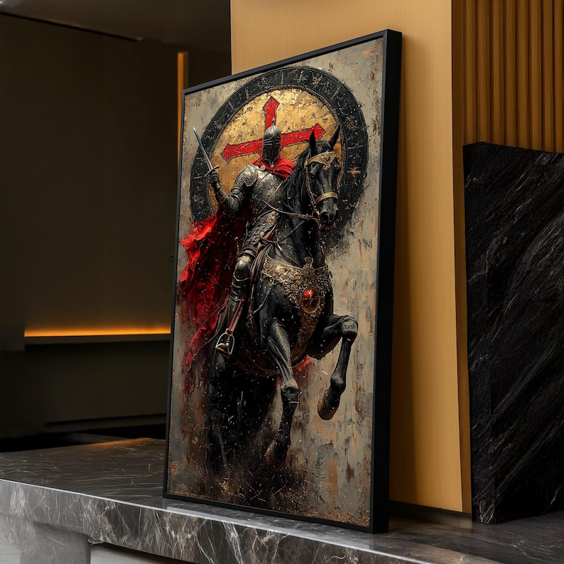 Medieval Knight on Black Horse Canvas, Red Cross Shield Wall Art ...