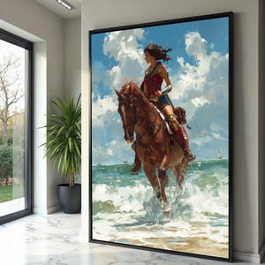 Quadro su tela raffigurante una donna guerriera eroica a cavallo, quadro murale raffigurante una scena di spiaggia mitica, decorazione su tela raffigurante un'avventura epica, splendida illustrazione per esterni