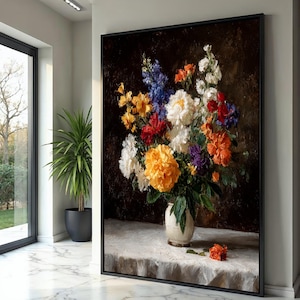 カラフルな花束のキャンバス、クラシックな静物画のウォールアート、花瓶の中の鮮やかな花の絵画、ホームデコレーション用キャンバス、すぐに掛けられる