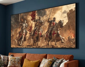 Knights Templar Battle Canvas Print, Medieval Crusaders Wall Art