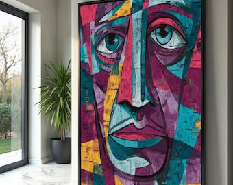 Abstract Cubist Face Canvas, Modern Geometric Wall Art, Colorful Portrait Painting, Expressionist Home Decor, Ready to Hang Canvas