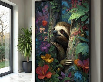 熱帯林の好奇心旺盛なナマケモノのキャンバス、カラフルなジャングルの花柄ウォールアート、自然動物のキャンバス、エキゾチックな野生動物の装飾、すぐに掛けられます