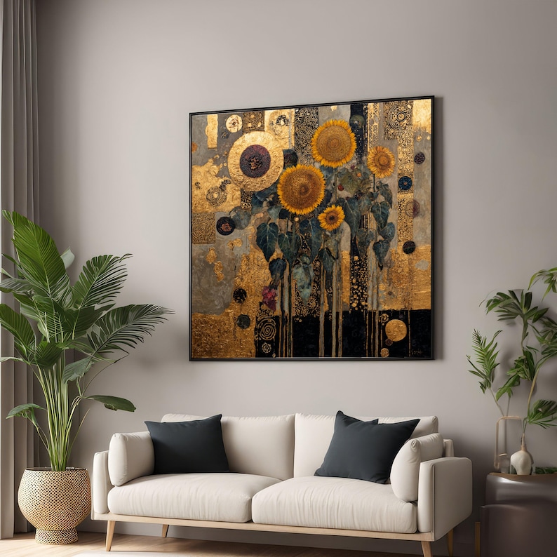 Golden Sunflowers Canvas Wall Art, Abstract Floral Painting, Modern Nature Decor, Botanical Canvas, Luxury Home Decoration