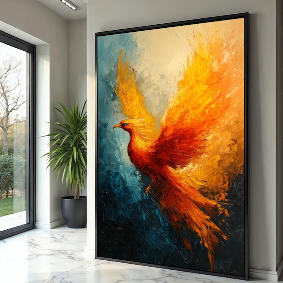 Vibrant Phoenix Rising Canvas Wall Art, Abstract Bird Painting
