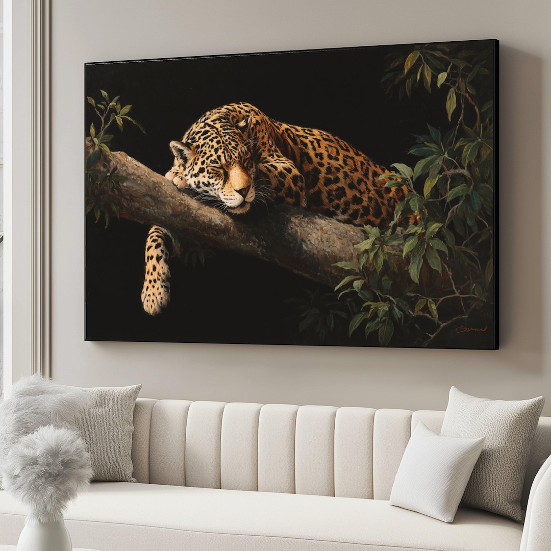 Resting Leopard Canvas Print, Wildlife Painting, Nature Home Decor