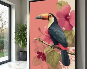 Tropical Toucan Bird Canvas, Exotic Floral Wall Art, Colorful Bird Illustration, Nature Home Decor, Botanical Canvas Print, Ready to Hang