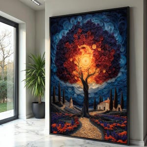 Fiery Tree of Life Canvas, Sunset Landscape Wall Art, Vibrant Nature Scene, Swirl Sky Painting, Home Decor Canvas Art