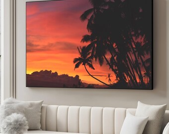 Leinwanddruck mit tropischem Sonnenuntergang und Palmen, Wandbild „Strand von Hawaii“