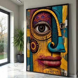 Puede incluir: Una pieza de arte mural rectangular que presenta un rostro abstracto y estilizado en tonos vibrantes de amarillo, azul y rojo. La obra muestra un ojo grande y detallado con pestañas largas, una nariz azul prominente y labios rojos.
