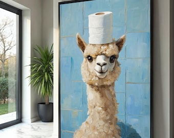 Speelse lama met wc-papierrol, eigenzinnige dieren canvas muurkunst, humoristisch interieur, olieverfschilderijstijl, leuke badkamerkunst