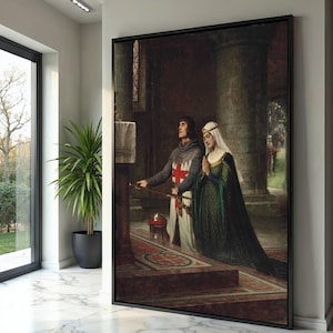 Medieval Knight Praying Canvas, Crusader and Lady Wall Art, Historical Armor Painting, Religious Gothic Decor, Home Canvas Decoration
