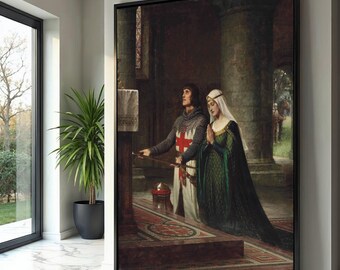 Medieval Knight Praying Canvas, Crusader and Lady Wall Art, Historical Armor Painting, Religious Gothic Decor, Home Canvas Decoration