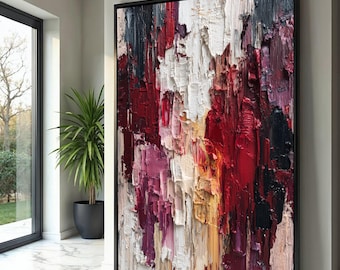 Arte de pared en lienzo con textura abstracta audaz, estilo de pintura al óleo empastada, decoración moderna para el hogar en rojo y burdeos, obra de arte con pinceladas gruesas, lista para