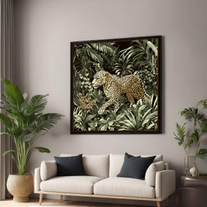 Majestic Leopard in Lush Jungle Canvas, Wildlife Wall Art, Tropical Botanical Print, Safari Animal Decor, Nature Canvas Painting