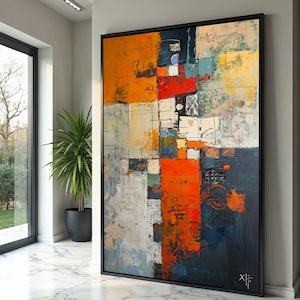 Bold Abstract Geometric Canvas, Modern Wall Art, Orange Blue Color Blocks, Contemporary Home Decoration, Canvas Painting
