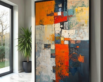 Abstract Geometric Canvas Print, Orange Blue Color Block Wall Art