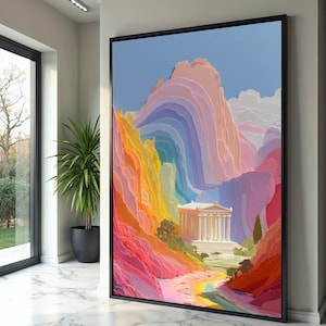 Paesaggio arcobaleno di montagne con un antico tempio greco, tela artistica con carta a strati colorata, decorazione murale architettonica mitica, casa