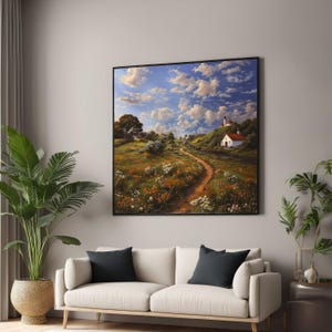 Tranquil Countryside Path Canvas, Wildflower Meadow Wall Art, Scenic Landscape Canvas, Rustic Village Home Decor, Nature Canvas Print
