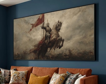Mittelalterlicher Ritter zu Pferd Leinwand, Krieger Rotes Banner, Kampfszene Wandkunst