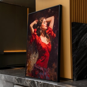 Elegante Flamenco-Tänzerin Leinwand Wandkunst, Rotes Kleid Porträt Gemälde, Wohnkultur im Spanischen Stil, Ausdrucksstarke Weibliche Figur Kunstwerk