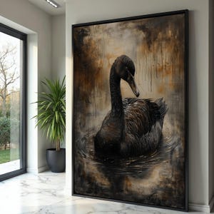 Elegante cigno nero su tela, dipinto di uccello con piume scure, decorazione murale con natura malinconica, dipinto di animali selvatici su tela, pronto da appendere