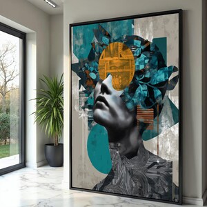 Abstract Female Portrait Canvas, Modern Art Wall Decor, Geometric Patterned Face, Contemporary Mixed Media Canvas, Home Decoration Art Print