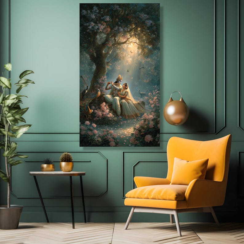 Krishna and Radha Canvas, Indian Mythology Garden Art image 6