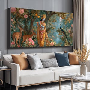 May include: A large rectangular canvas print depicting a serene scene. A figure in yellow robes plays a flute under a tree, surrounded by deer, flowers, and a peacock. The artwork has a soft, colorful palette.