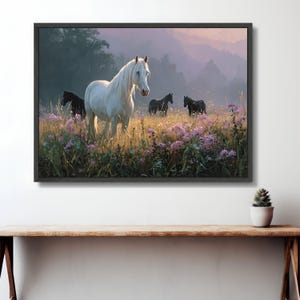 White Horse Wildflower Meadow Canvas, Equestrian Wall Art image 3