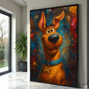 Lienzo con retrato de perro juguetón, pintura colorida de perro de dibujos animados, decoración caprichosa para mascotas, lienzo con ilustración de animales divertidos, listo para colgar.