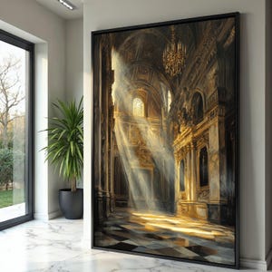 Majestic Sunlit Cathedral Interior, Baroque Architecture Canvas, Golden Light Rays Wall Art, Historic Church Decor, Dramatic Atmosphere