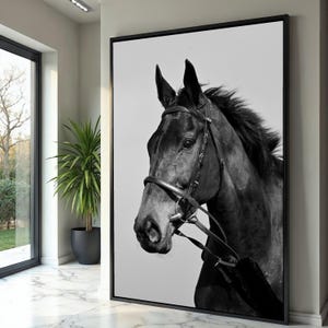 Ritratto di cavallo nero maestoso su tela, decorazione murale equestre, stampa su tela monocromatica con animali, arredamento rustico per la casa, pronta da appendere.